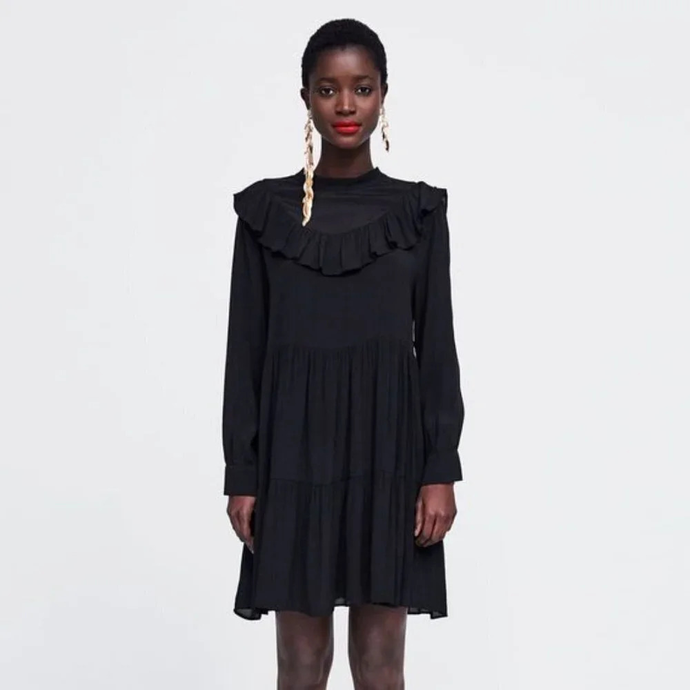 Zara Swiss Dot Ruffled Frill High Neck Long Sleeve Dress Black Sz Small